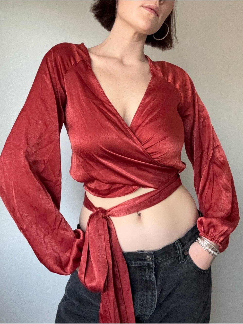 Billabong Satin Tie-Front Top in Rust Red